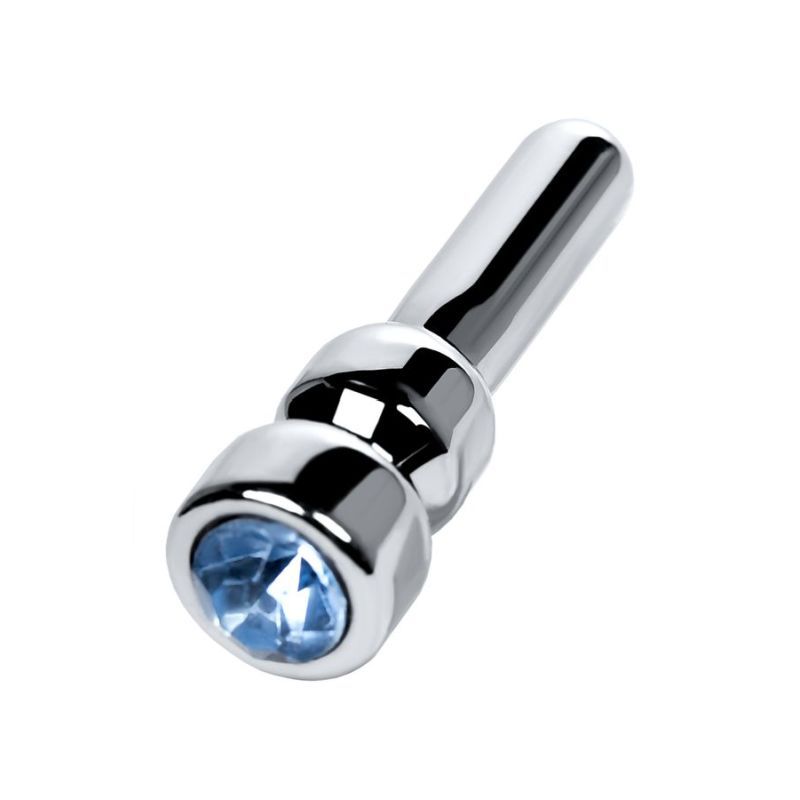 Metal Silver Urethral Plug W Sapphire Rhinestone Small