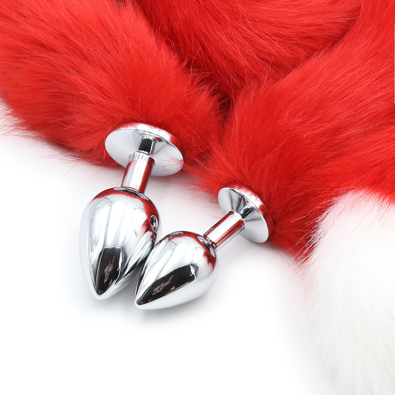Extra Long Faux Fur Tail with Metal Anal Plug - Playful Cosplay & Adult Novelty Accessory(White and red-small)