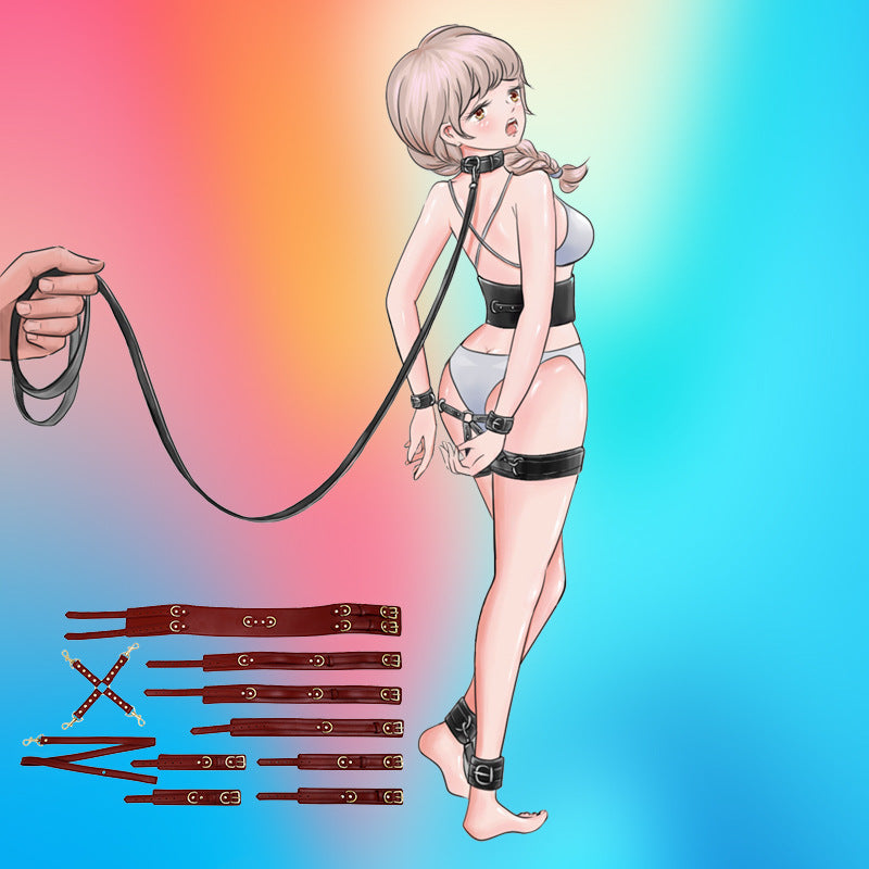 Full Body PU Leather Bondage Restraint Set with Collar, Leash, Cuffs & Harness - Adjustable Adult Play(White)