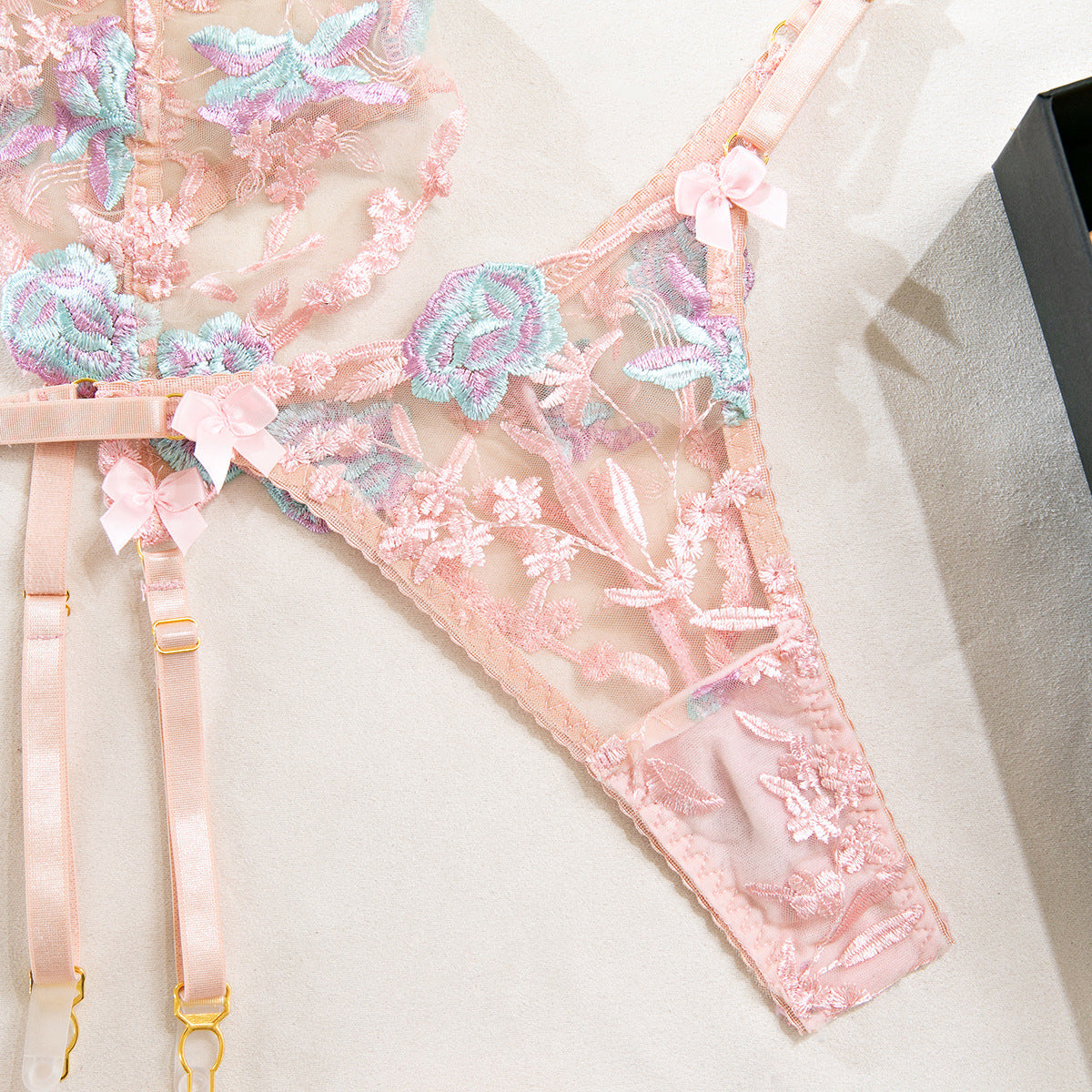 Size XL Pink Elegant Floral Embroidered Sheer 5-Piece Lingerie Set - Bra, Thong, Garter Belt, Choker & Thigh Straps
